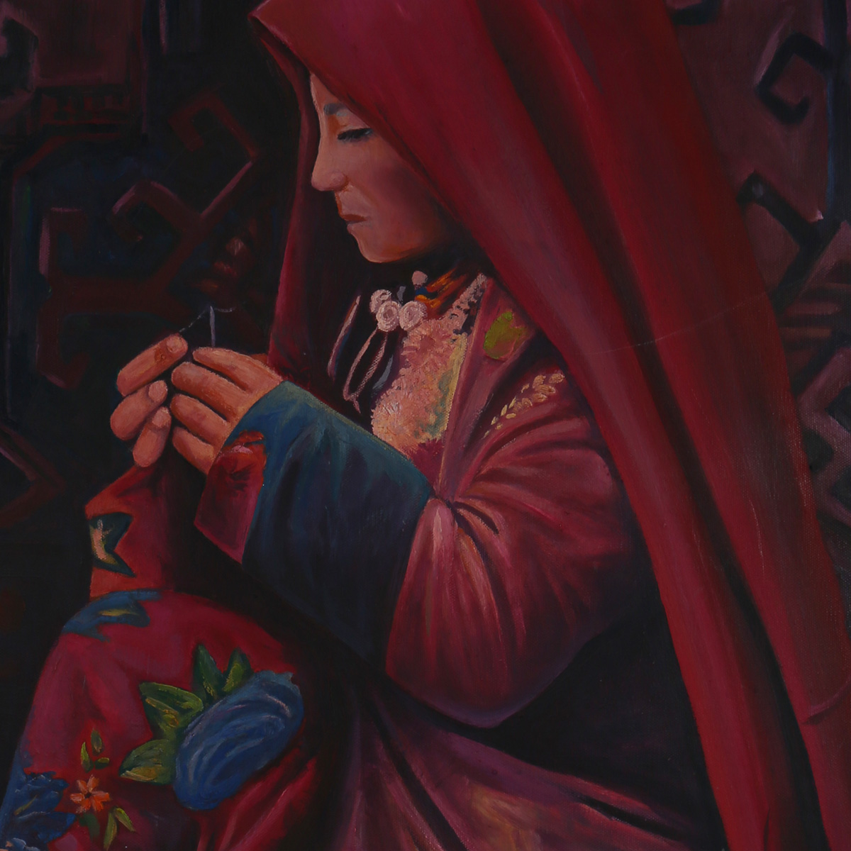 Turkman Girl Portrait Art Work | Village Lady Doing Needle Work Painting