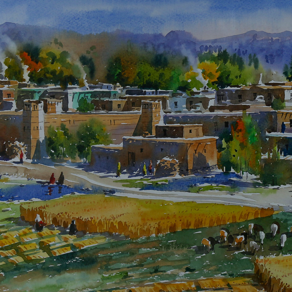 Rural Fields and Houses Painting | Wall-Hanging Artwork 