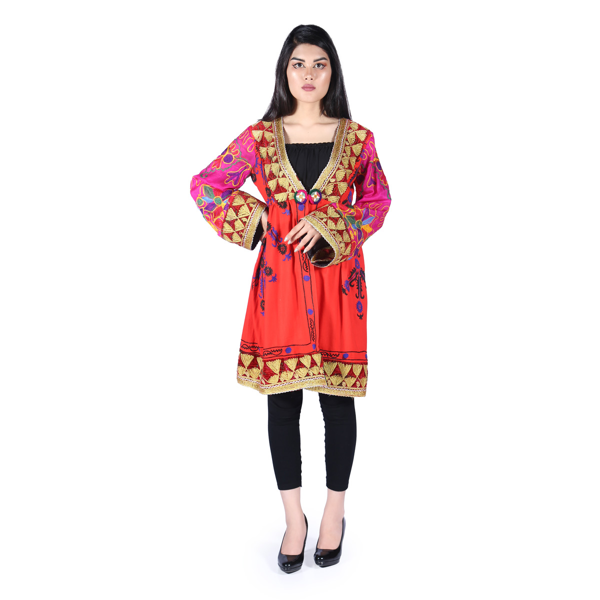Red Floral & Cherma Embroidered Dress | Cotton Bell Sleeves Short Dress