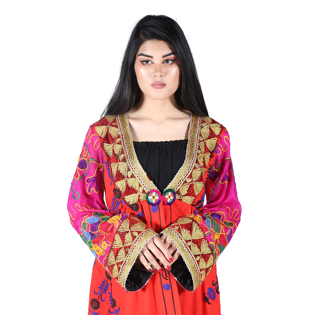 Red Floral & Cherma Embroidered Dress | Cotton Bell Sleeves Short Dress