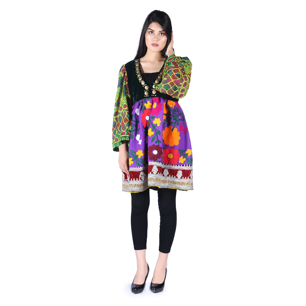 Colorful Floral Stitched Pleated Frock | Bell Sleeves Short Party Wear Frock
