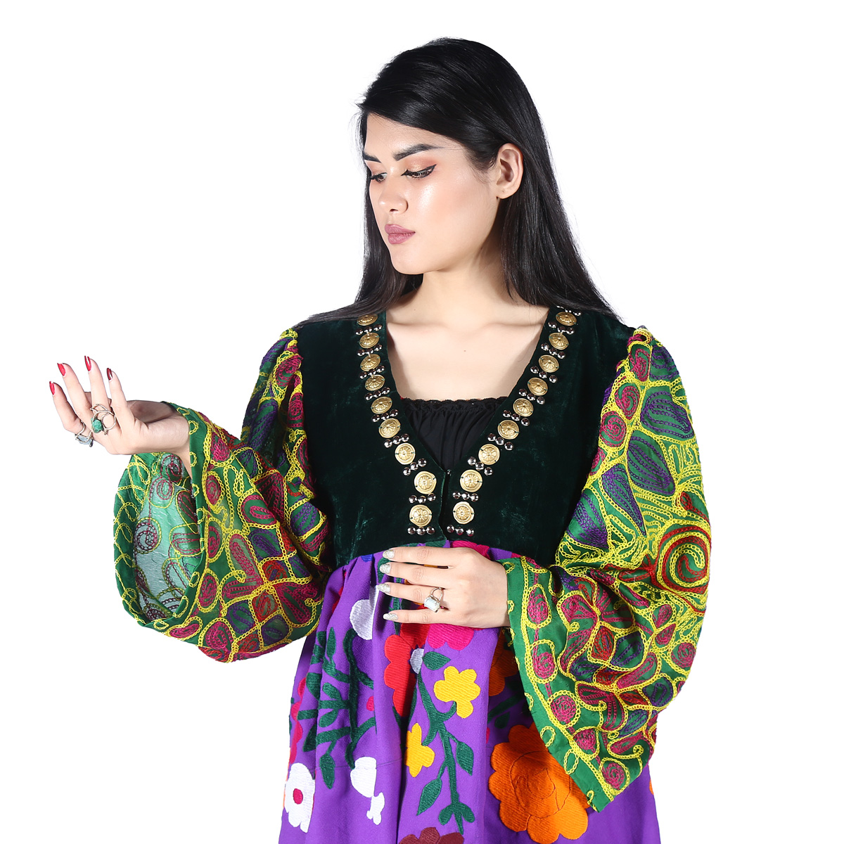 Colorful Floral Stitched Pleated Frock | Bell Sleeves Short Party Wear Frock