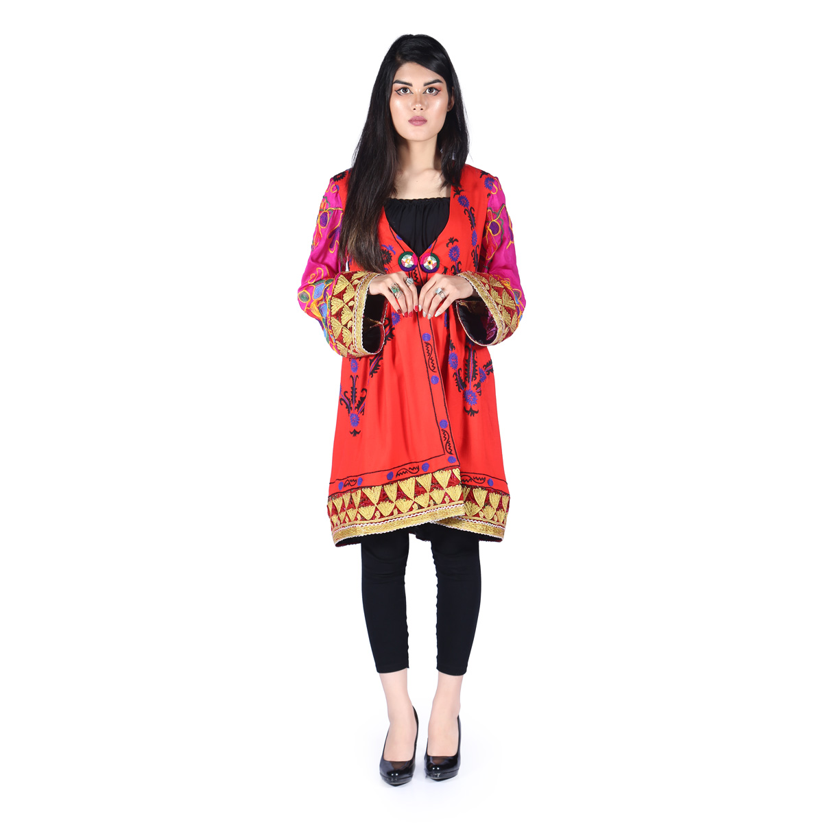 Red Cherma & Floral Embroidered Short Coat | Bell Sleeves Party Wear Coat