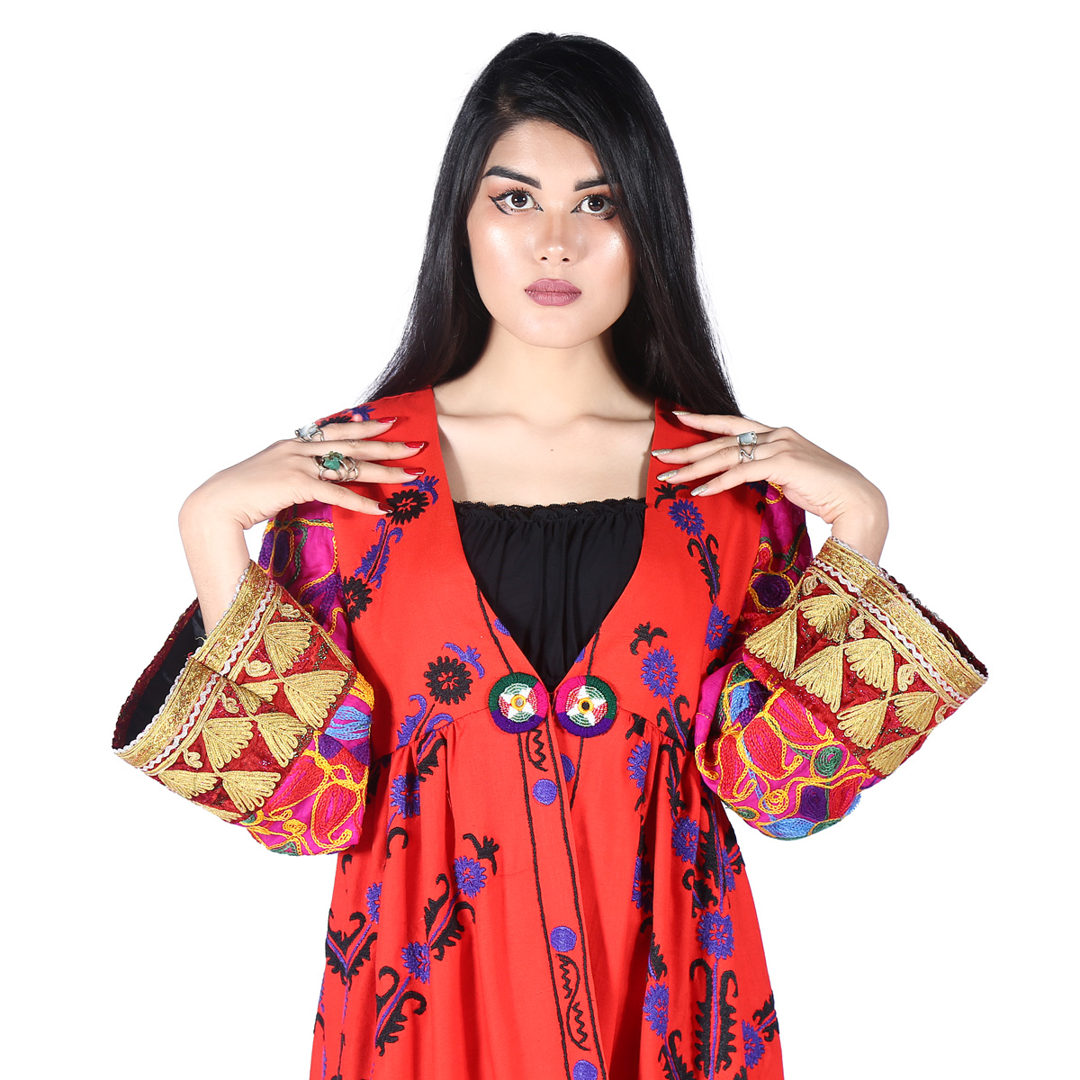 Red Cherma & Floral Embroidered Short Coat | Bell Sleeves Party Wear Coat
