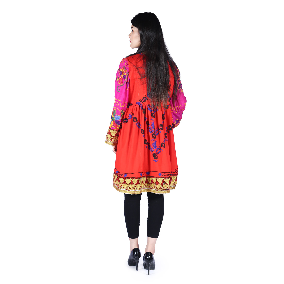 Red Cherma & Floral Embroidered Short Coat | Bell Sleeves Party Wear Coat