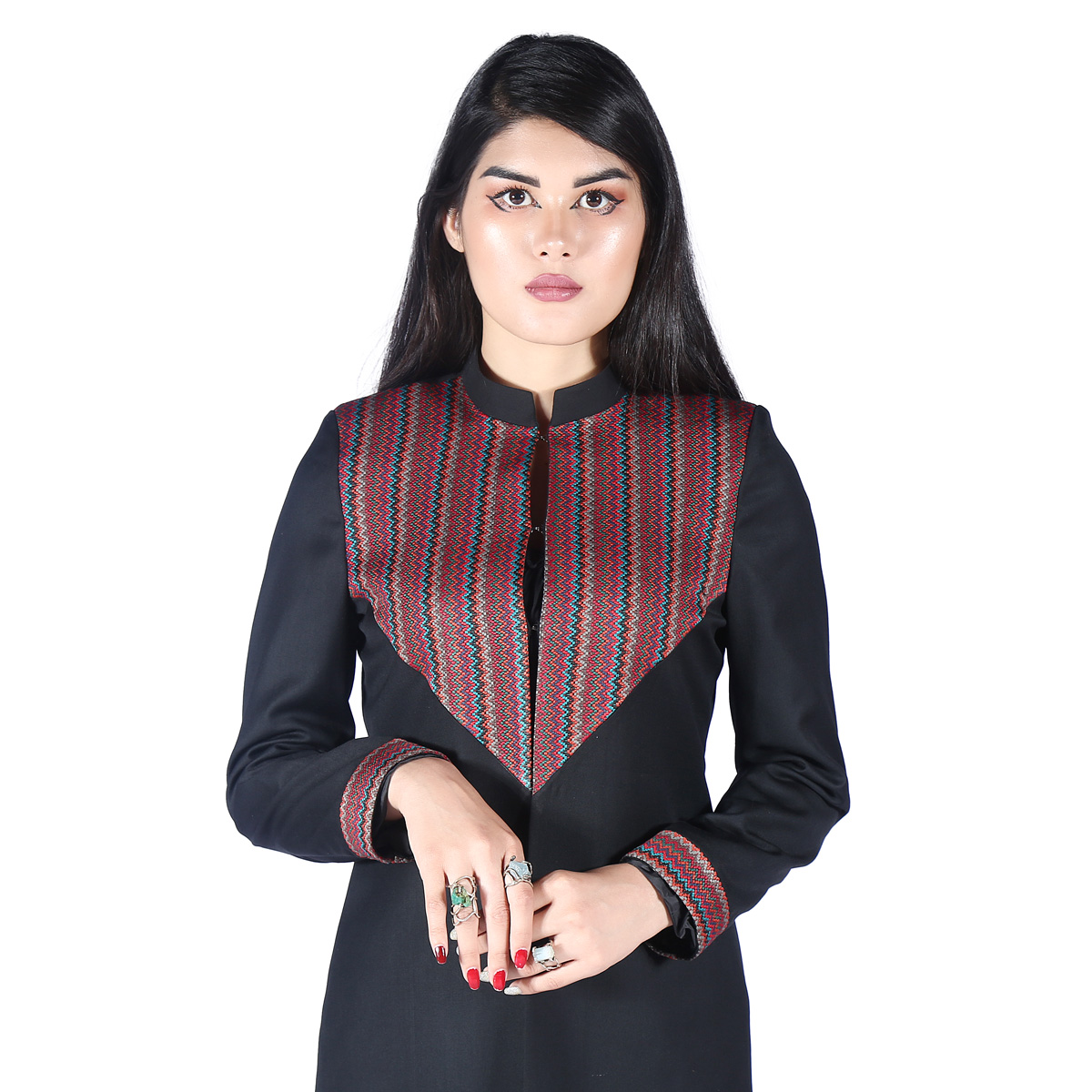 Black Traditional Embroidered Plain Dress | Cuff Sleeves Casual Wear Dress