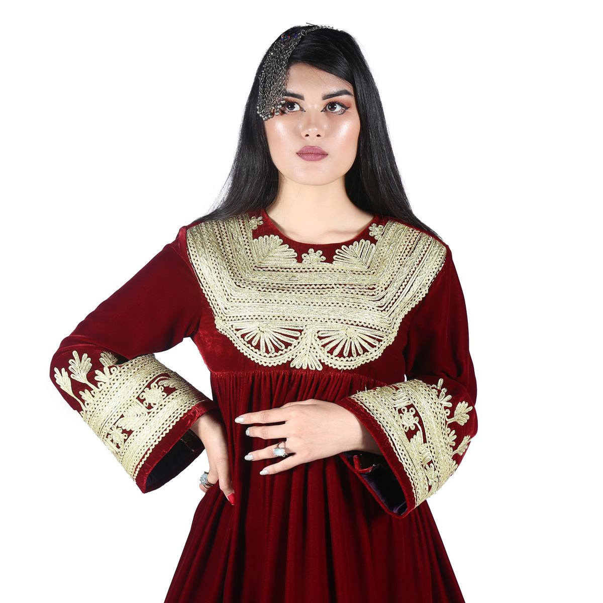 Maroon Cherma Embroidered Fancy Frock | Velvet Bell Sleeves Gande Afghani
