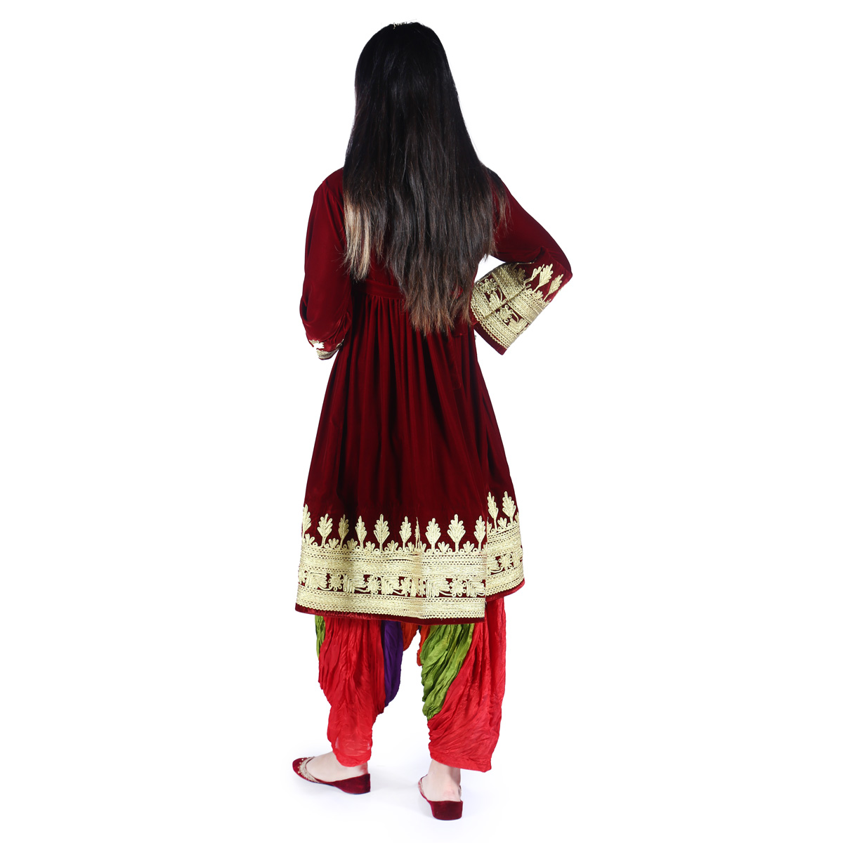 Maroon Cherma Embroidered Fancy Frock | Velvet Bell Sleeves Gande Afghani