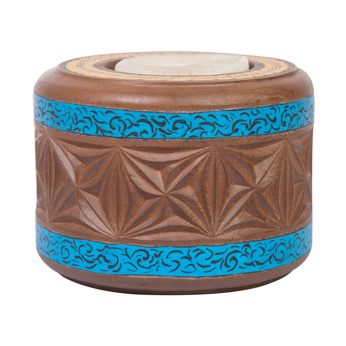Walnut Wood Candle Holder | Round Blue Painted Candle Stand 