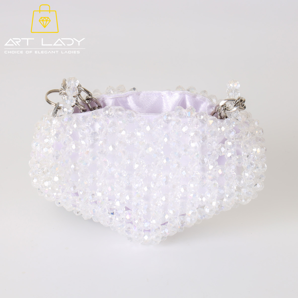 White Crystal Beaded Chain Pouch Bag