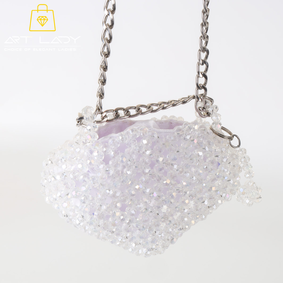 White Crystal Beaded Chain Pouch Bag