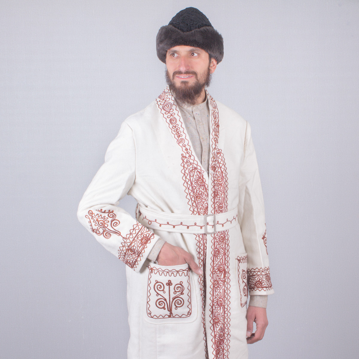 White Hand Embroidered Afghan Tribal Chapan | Nuristani Woolen Winter Chapan