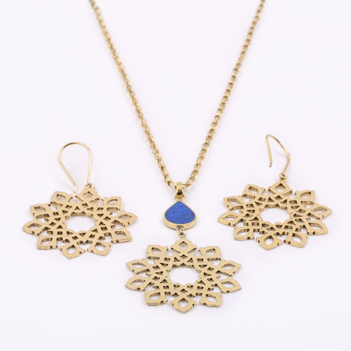 Lapis Gold Plated Jewelry Set | Brass Floral Pendant & Earrings