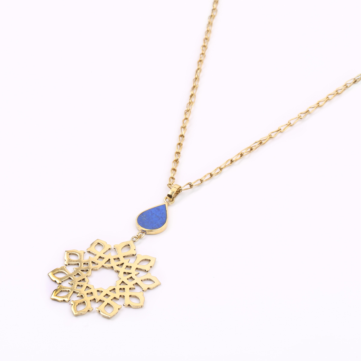 Lapis Gold Plated Jewelry Set | Brass Floral Pendant & Earrings
