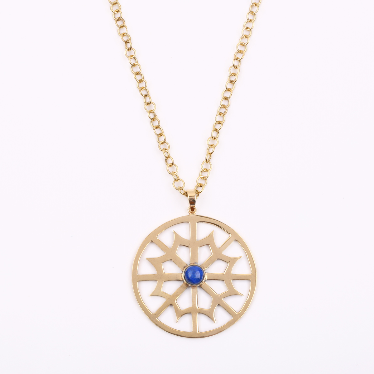 Lapis Gold Plated Necklace | Brass Lattice Pendant Necklace