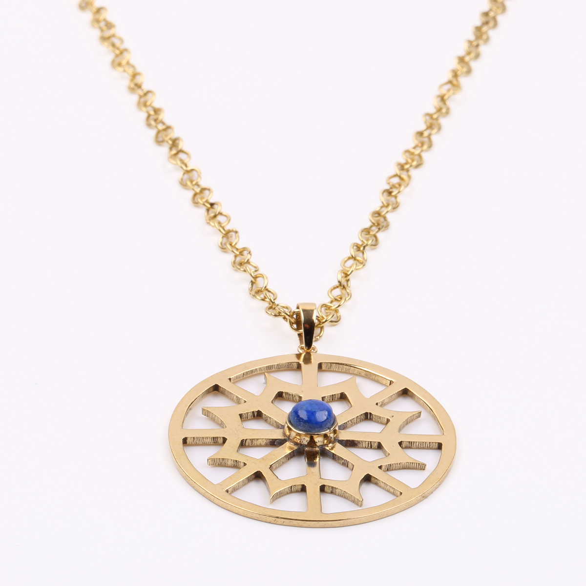 Lapis Gold Plated Necklace | Brass Lattice Pendant Necklace