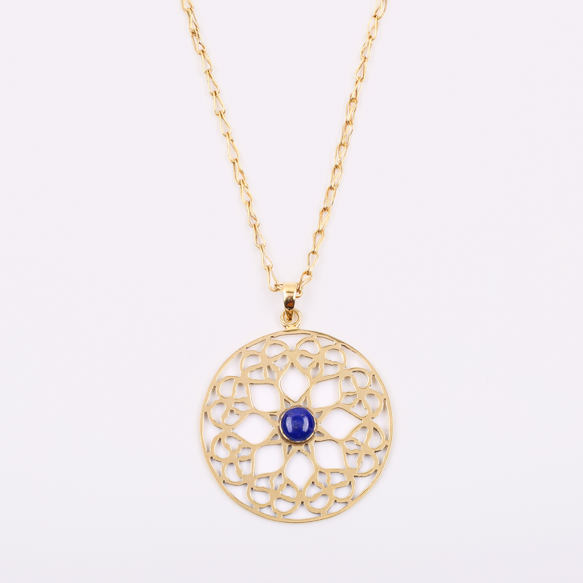 Lapis Gold Plated Necklace| Brass Floral Lattice Pendant Necklace