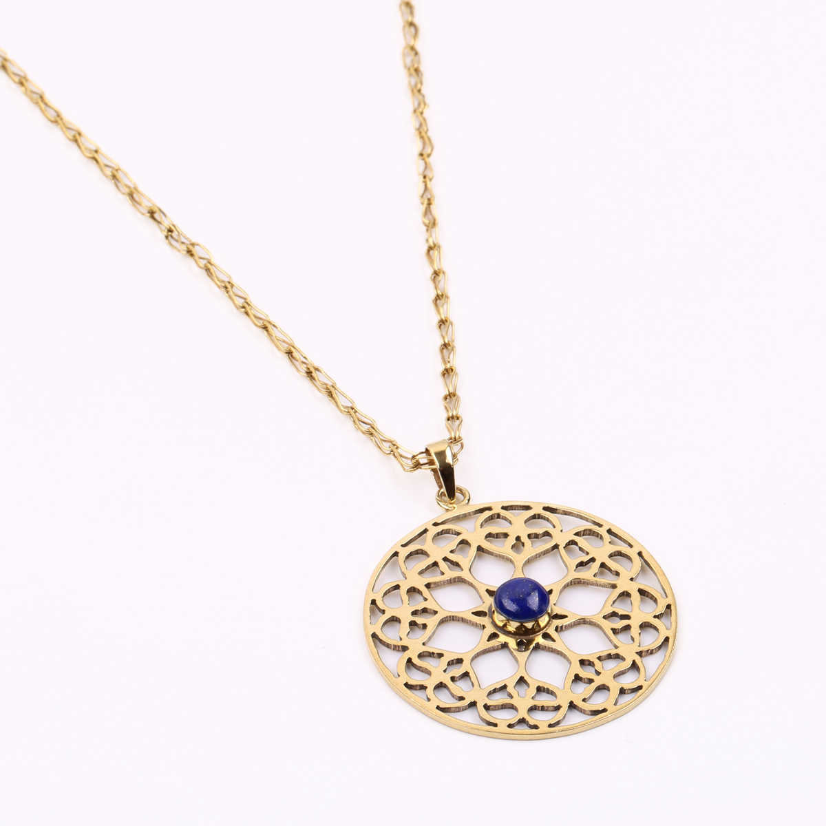 Lapis Gold Plated Necklace| Brass Floral Lattice Pendant Necklace