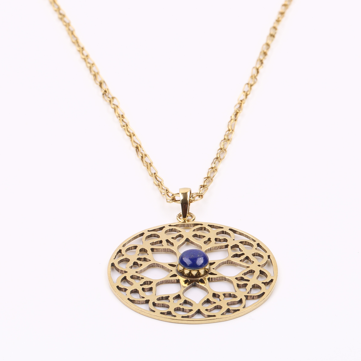 Lapis Gold Plated Necklace| Brass Floral Lattice Pendant Necklace