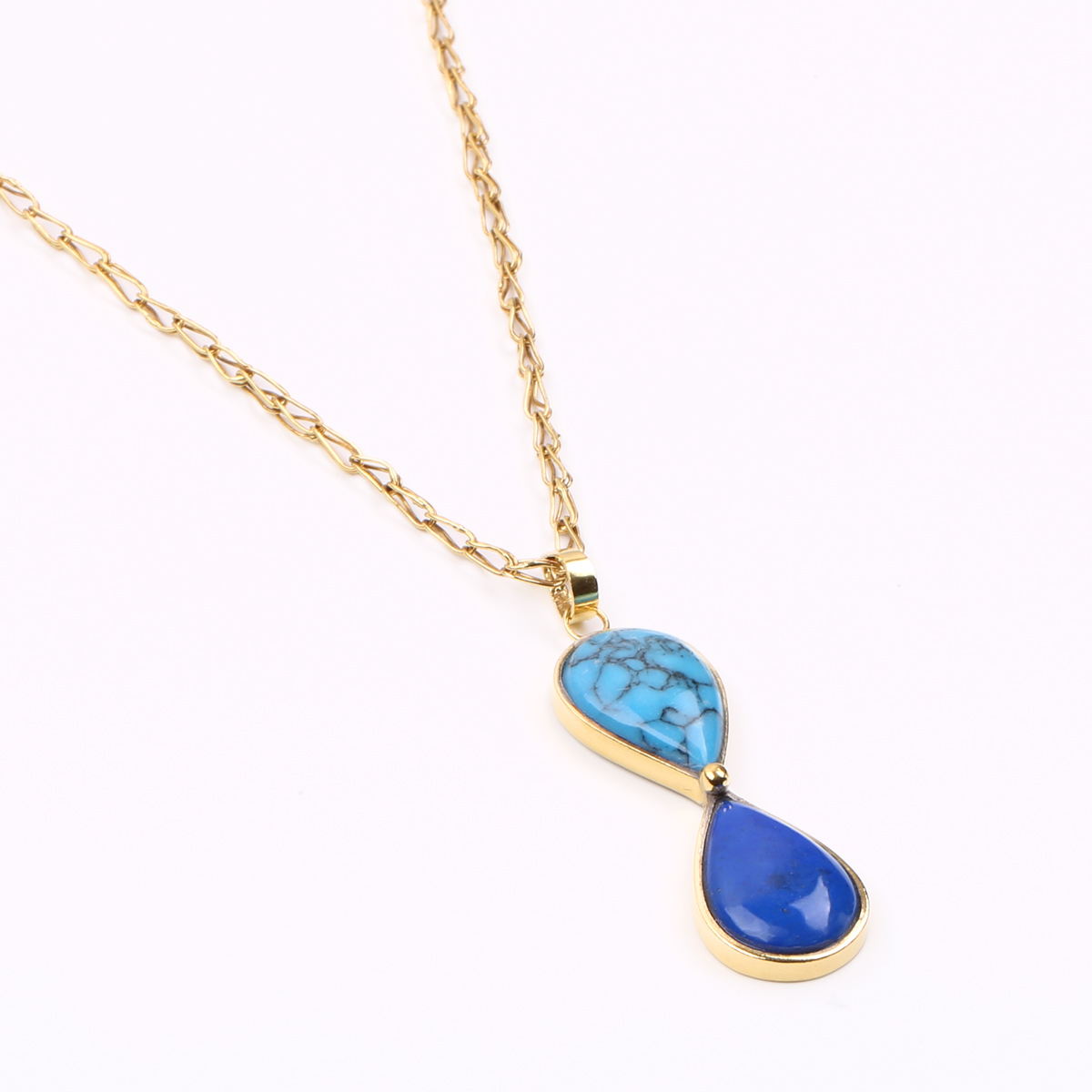 Turquoise & Lapis Gold Plated Necklace| Brass Lavalier Necklace