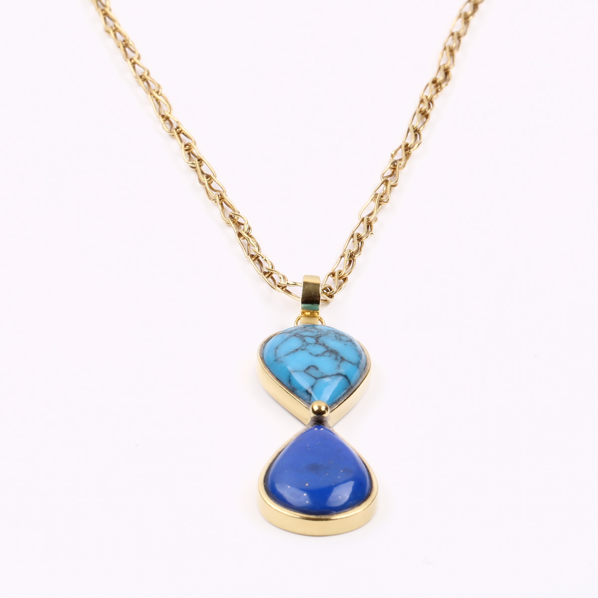 Turquoise & Lapis Gold Plated Necklace| Brass Lavalier Necklace