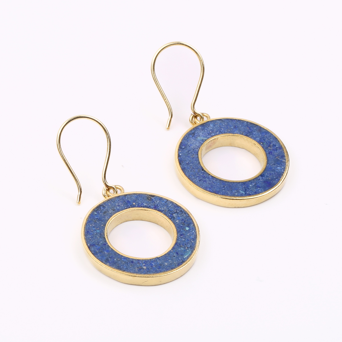 Blue Lapis Lazuli Gold Plated Earrings | Brass Wire Hook Round Earrings