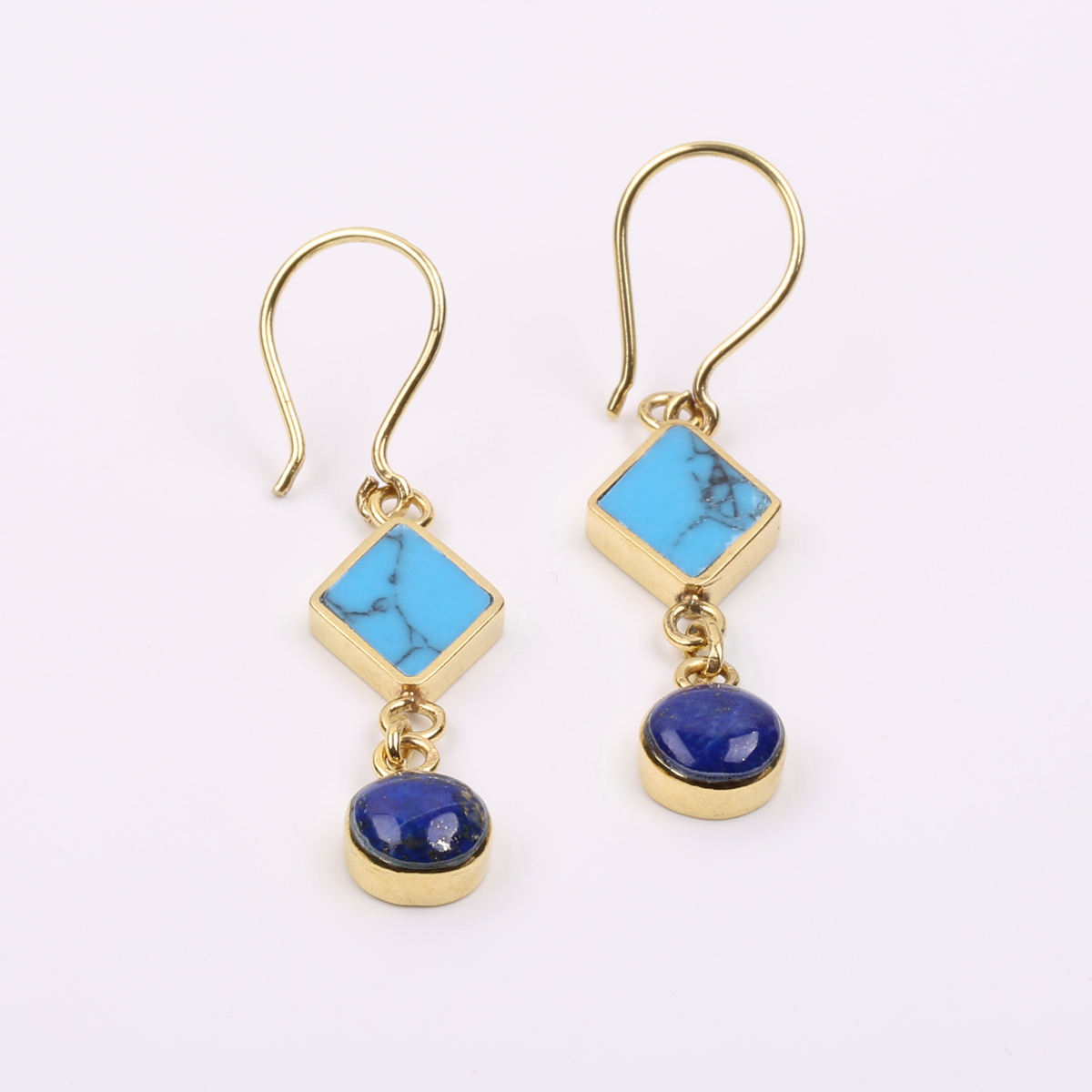 Turquoise Gold Plated Earrings| Lapis Brass Dangle Earrings