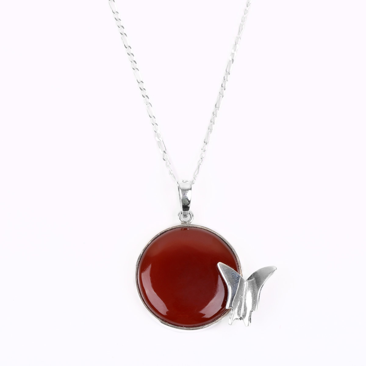 Red Agate Butterfly Figure Necklace | Silver Round Drop Pendant 