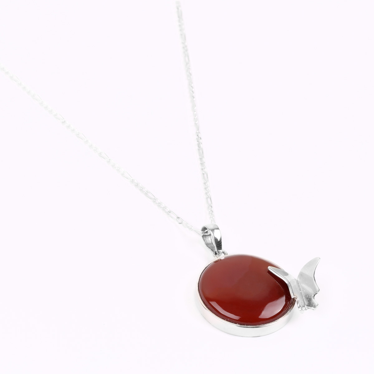 Red Agate Butterfly Figure Necklace | Silver Round Drop Pendant 