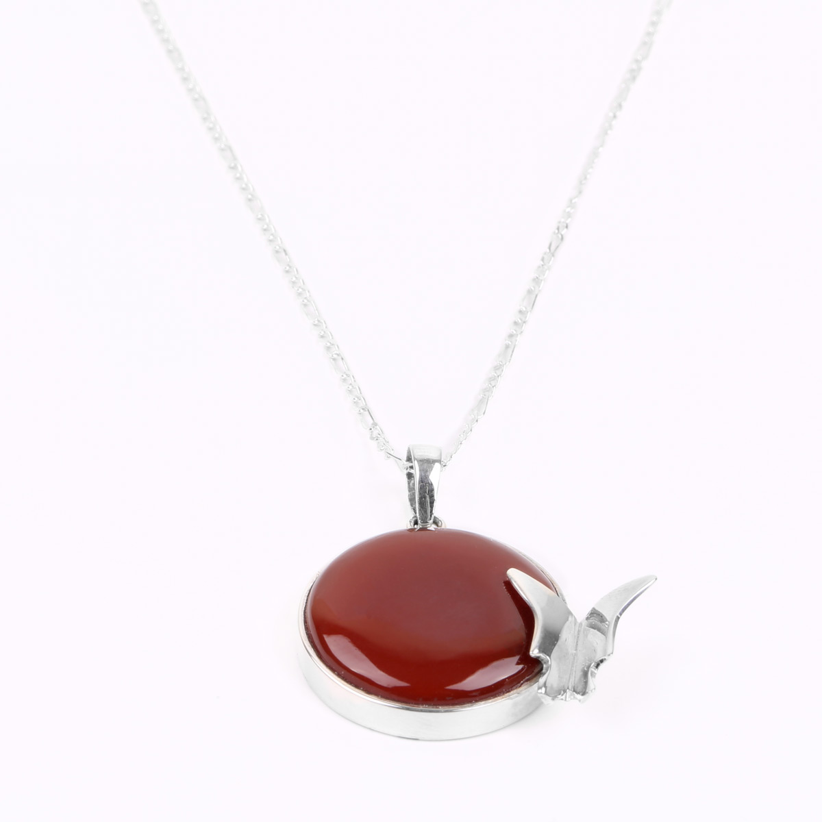 Red Agate Butterfly Figure Necklace | Silver Round Drop Pendant 