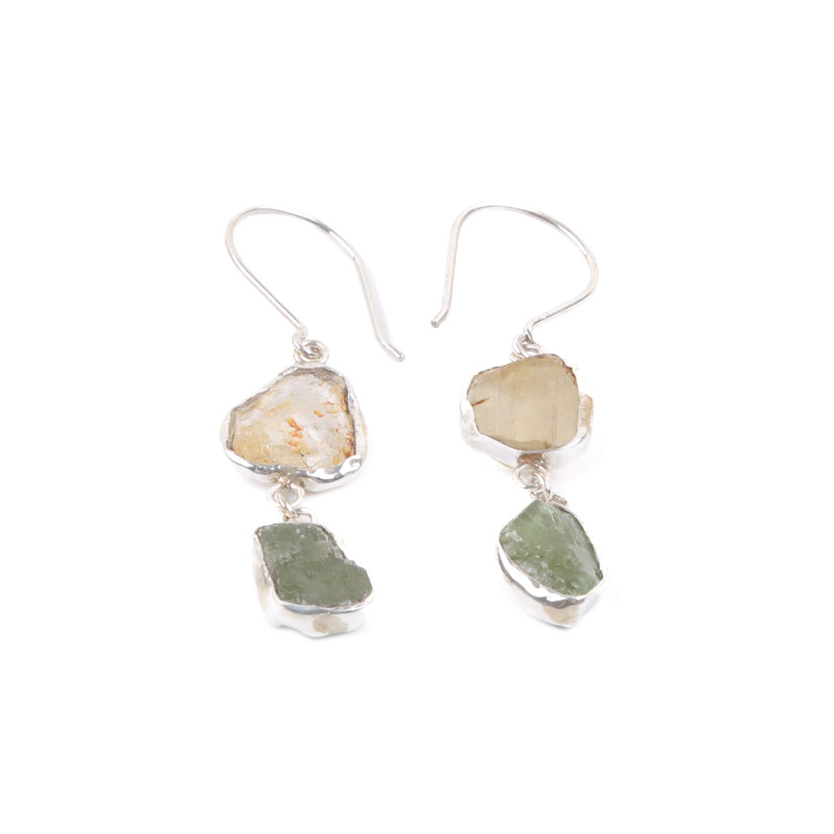 Rough Kunzite and Peridot Earrings | Silver Hook Earrings