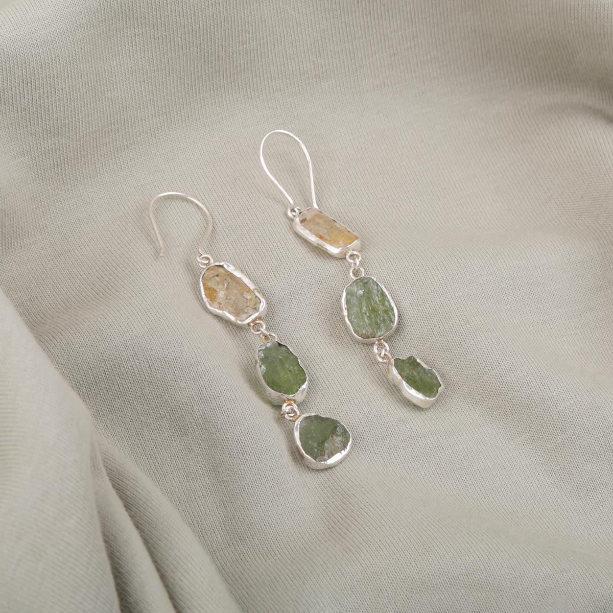 Kunzite and Peridot Stone Earrings | Silver Shoulder Cluster Earrings