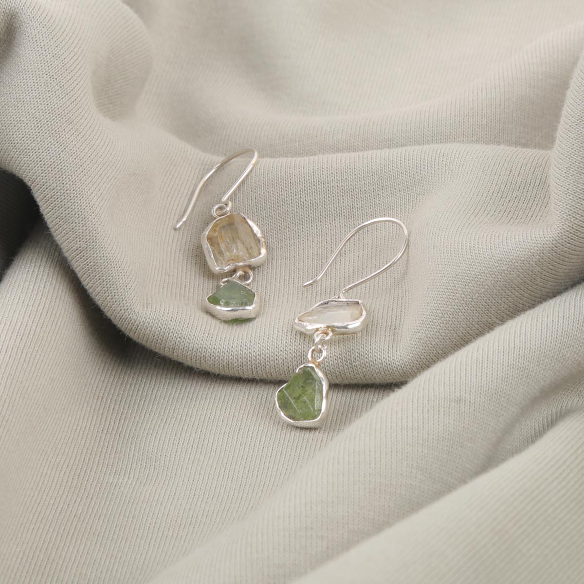 Peridot & Kunzite Dangle Earrings | Silver Drop Hook Earrings
