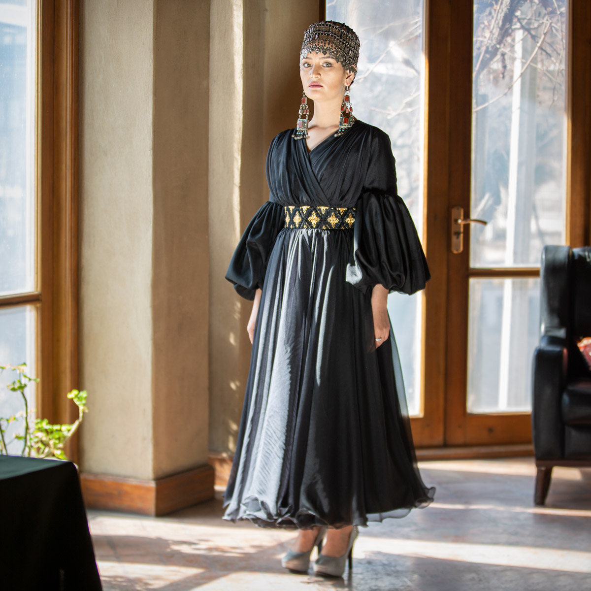 Belted Hareer Frock | Puffed Balloon Sleeve Dress