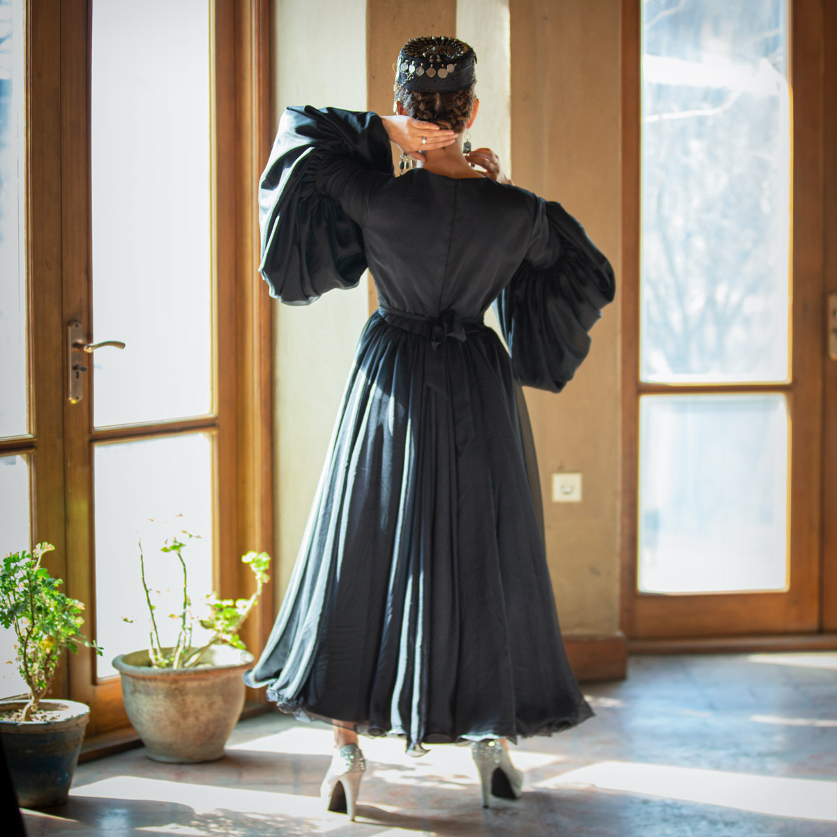 Belted Hareer Frock | Puffed Balloon Sleeve Dress
