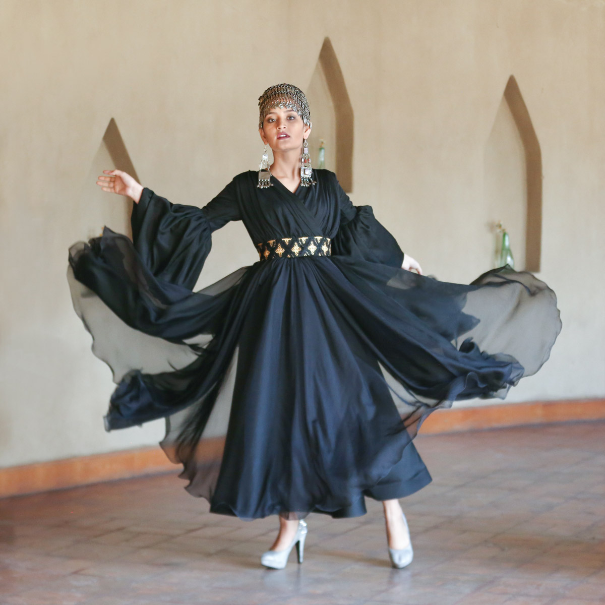 Belted Hareer Frock | Puffed Balloon Sleeve Dress