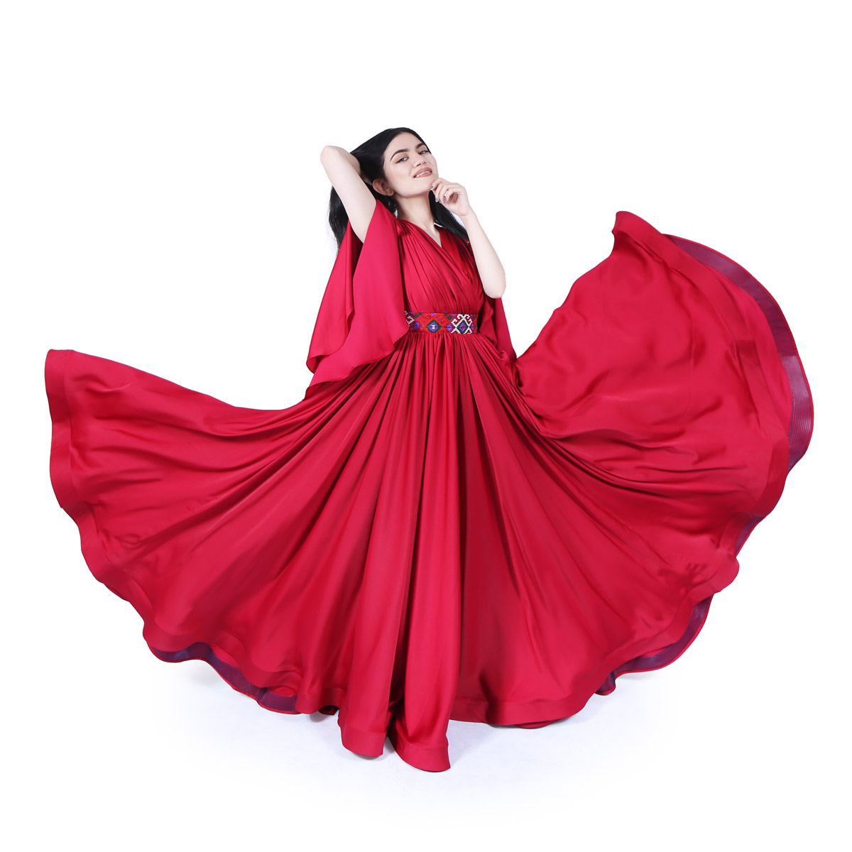 Red Sunray Pleated Party Dress | Silk Flared Sleeve Frock