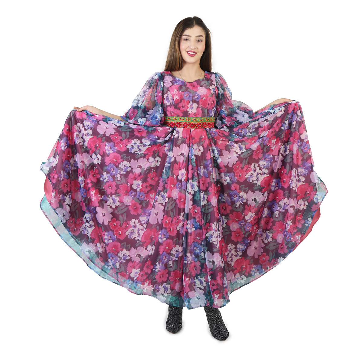 Floral Print Fancy Dress | Long Frock With Ghazni Embroidered Belt