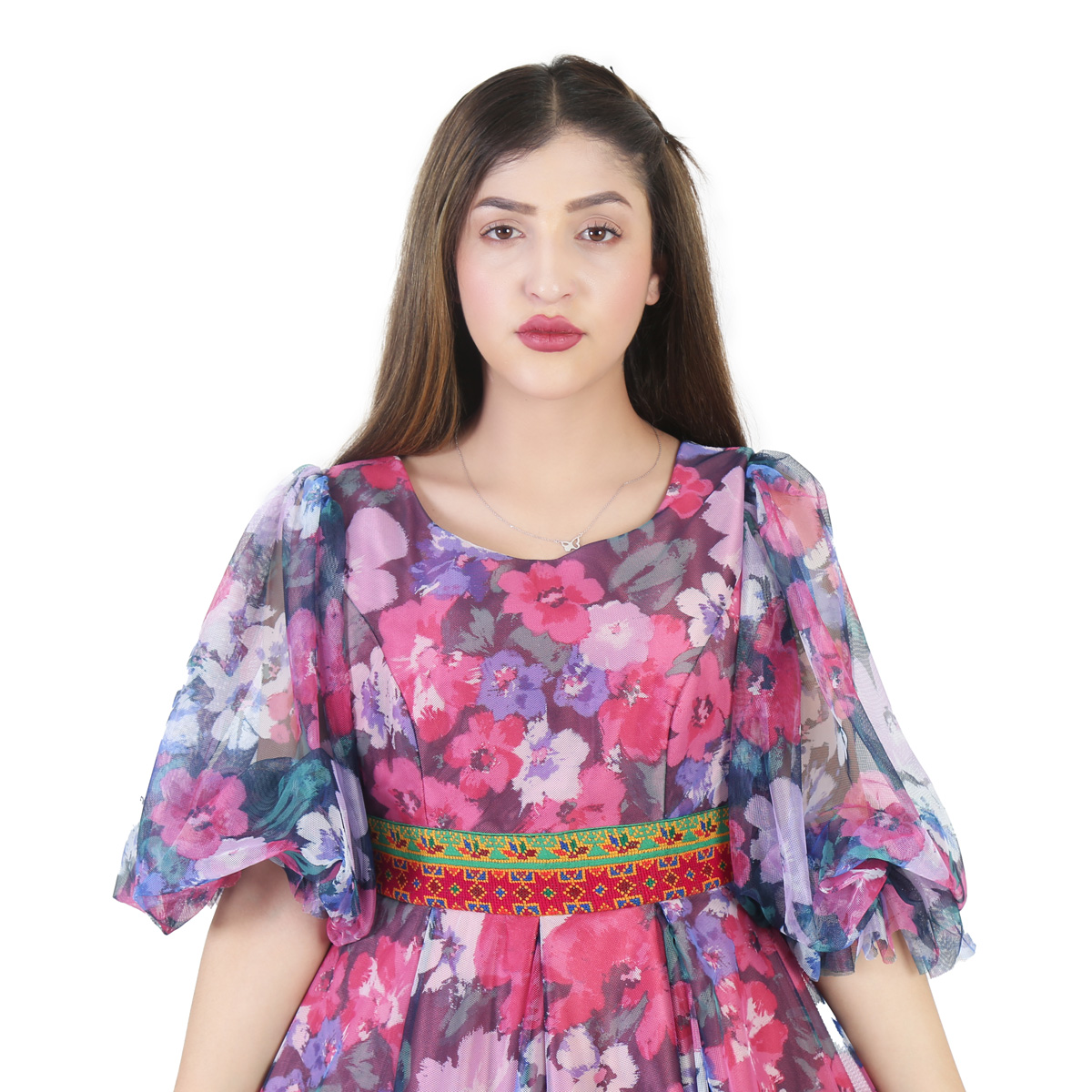 Floral Print Fancy Dress | Long Frock With Ghazni Embroidered Belt