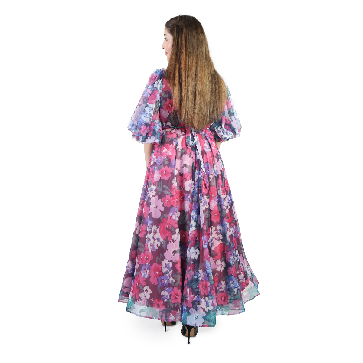 Floral Print Fancy Dress | Long Frock With Ghazni Embroidered Belt