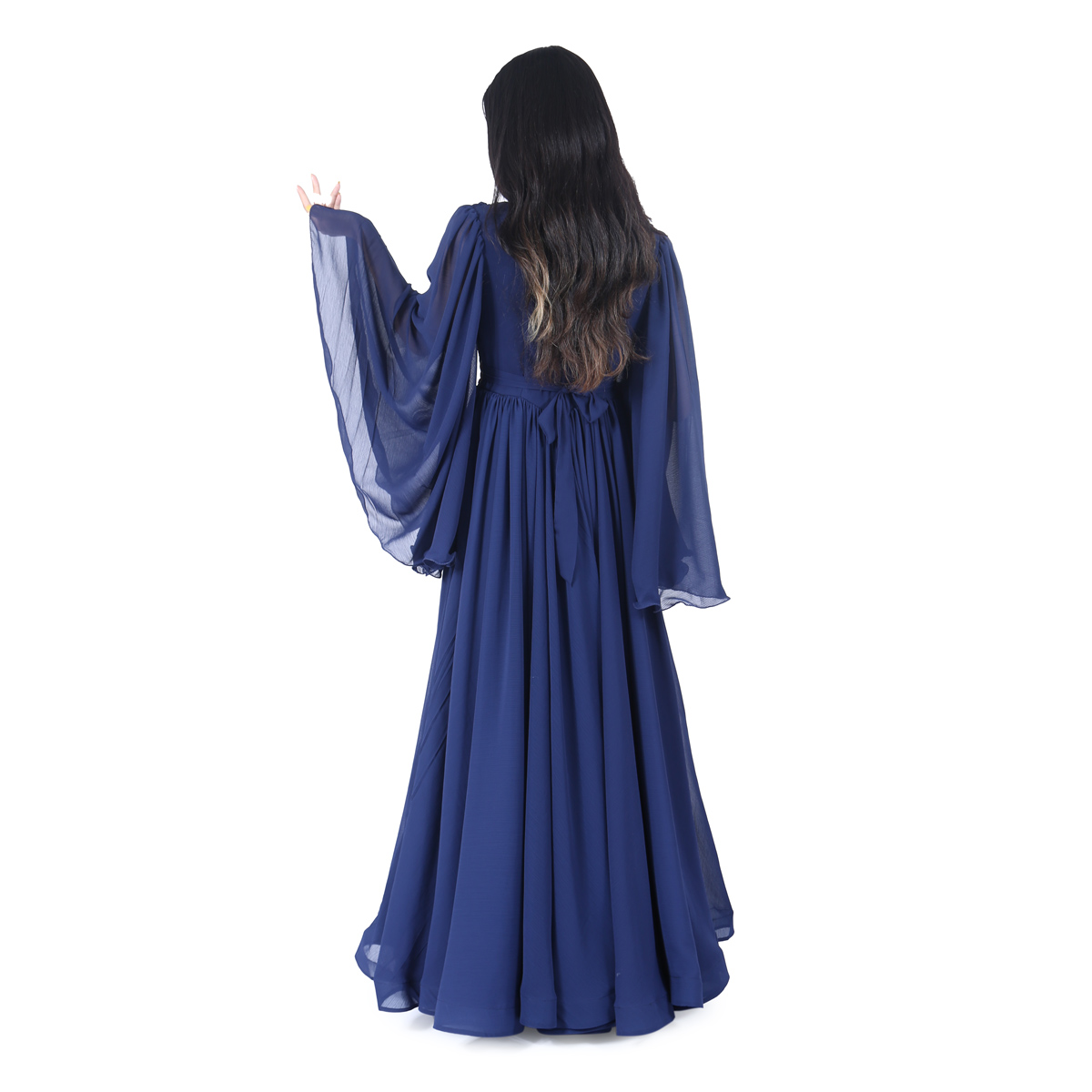 Navy Blue Belted Frock | Crinkle Trumpet Sleeved Dress