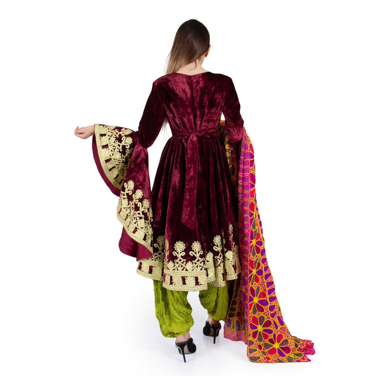 Maroon Red Velvet Kuchi Embroidered Fancy Frock | 3 Piece Suit