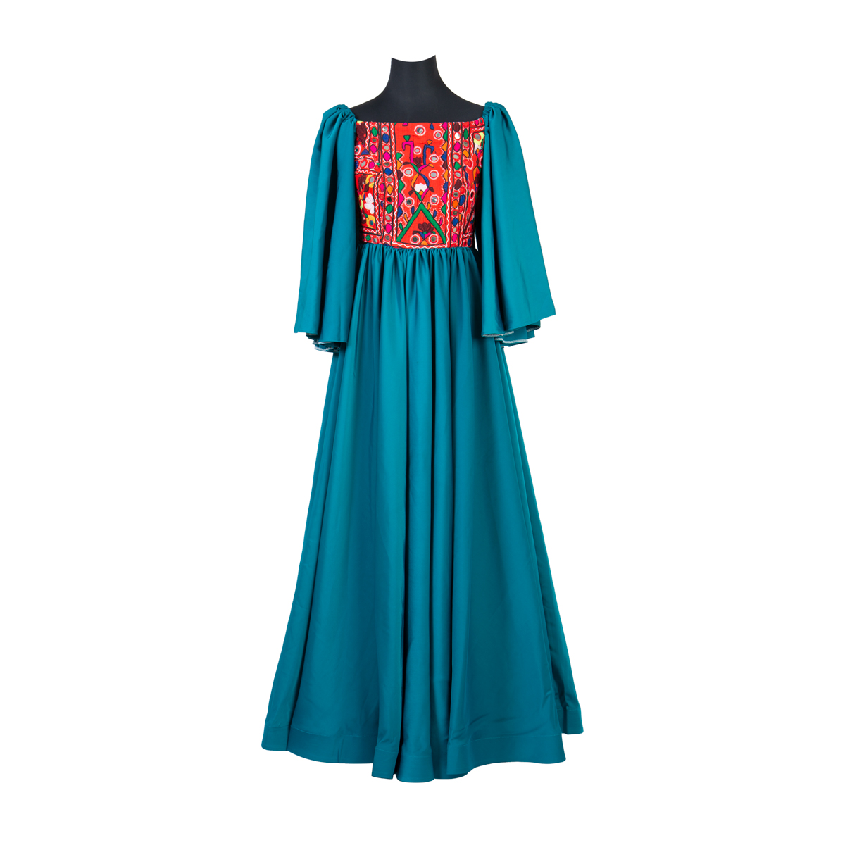 Handmade Embroidered Afghan Long Maxi Dress With Flared Sleeves