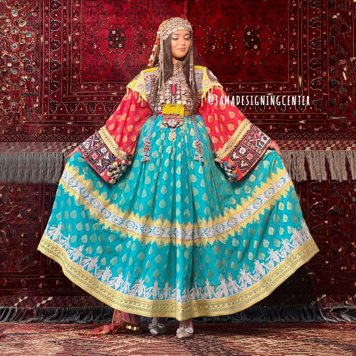 Teal Blue Banarasi Bridal Afghan Gown | Balloon Sleeve Pleated Afghani Dress