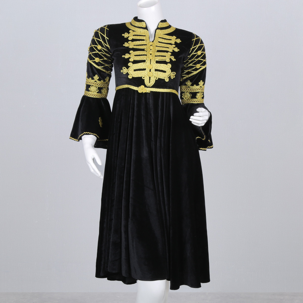 Black Cherma Embroidered Short Frock | Velvet Bell Sleeves Pleated Frock