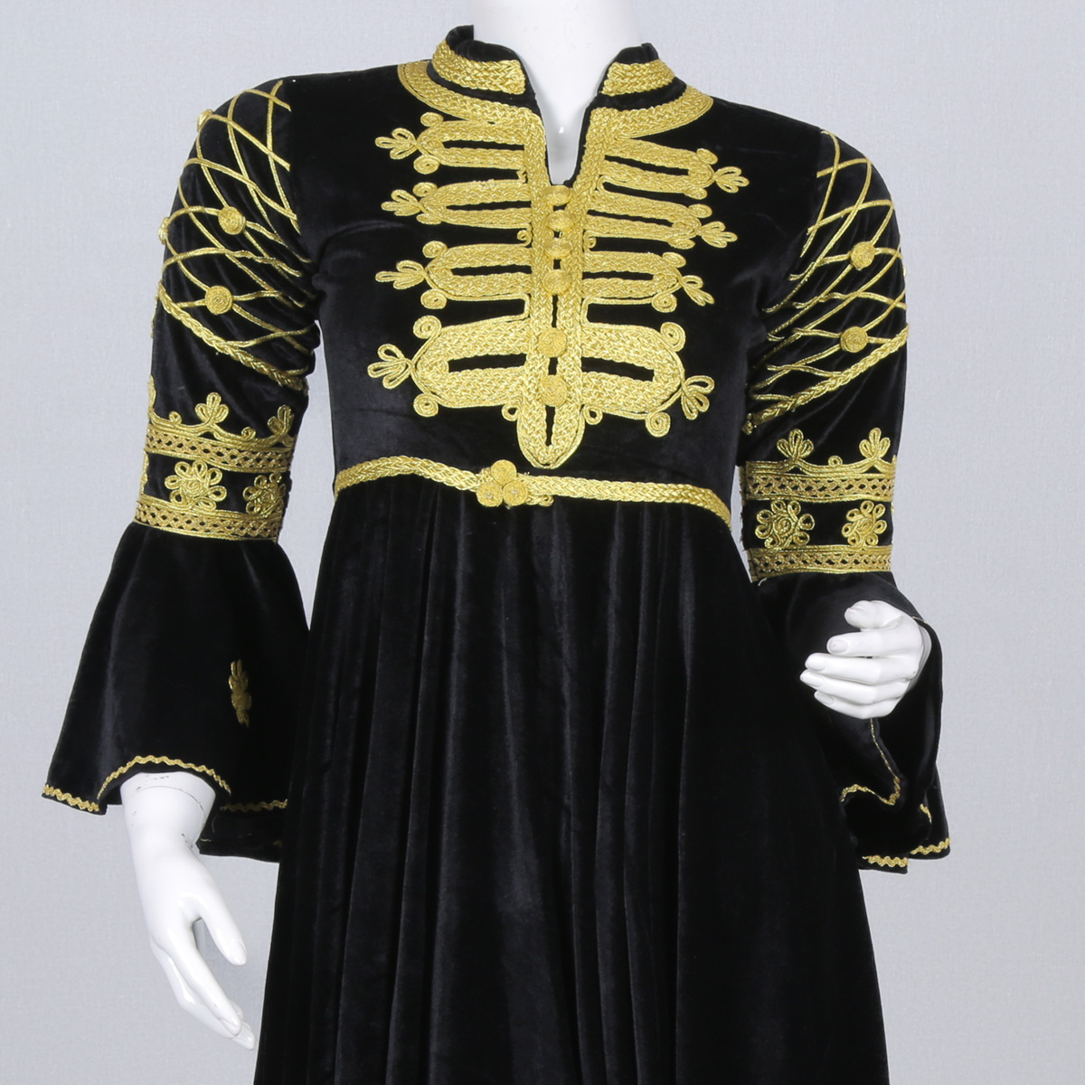Black Cherma Embroidered Short Frock | Velvet Bell Sleeves Pleated Frock