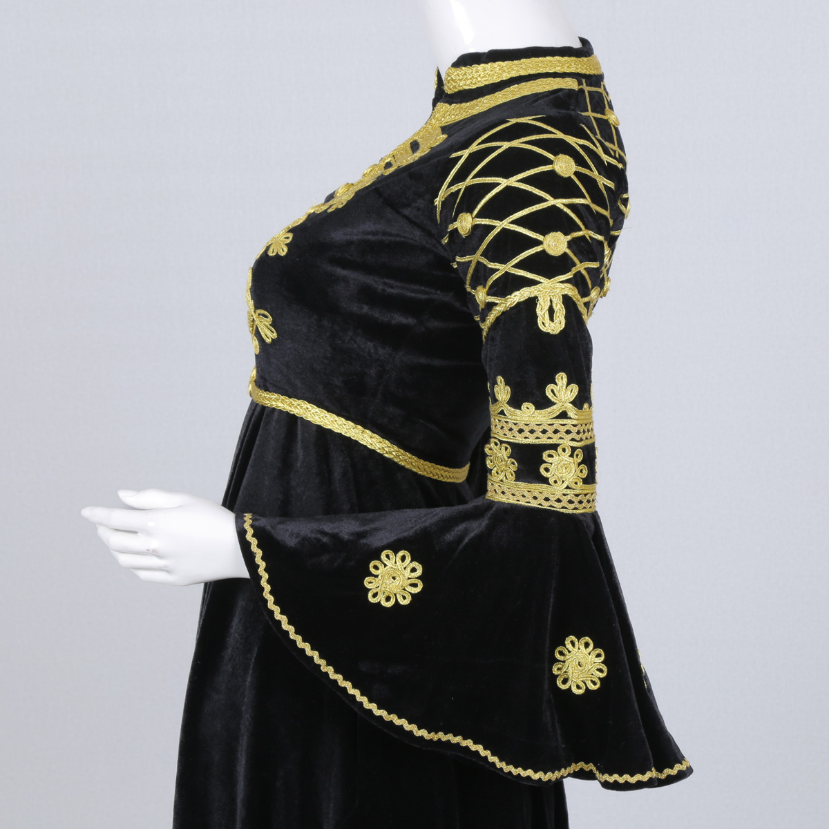 Black Cherma Embroidered Short Frock | Velvet Bell Sleeves Pleated Frock