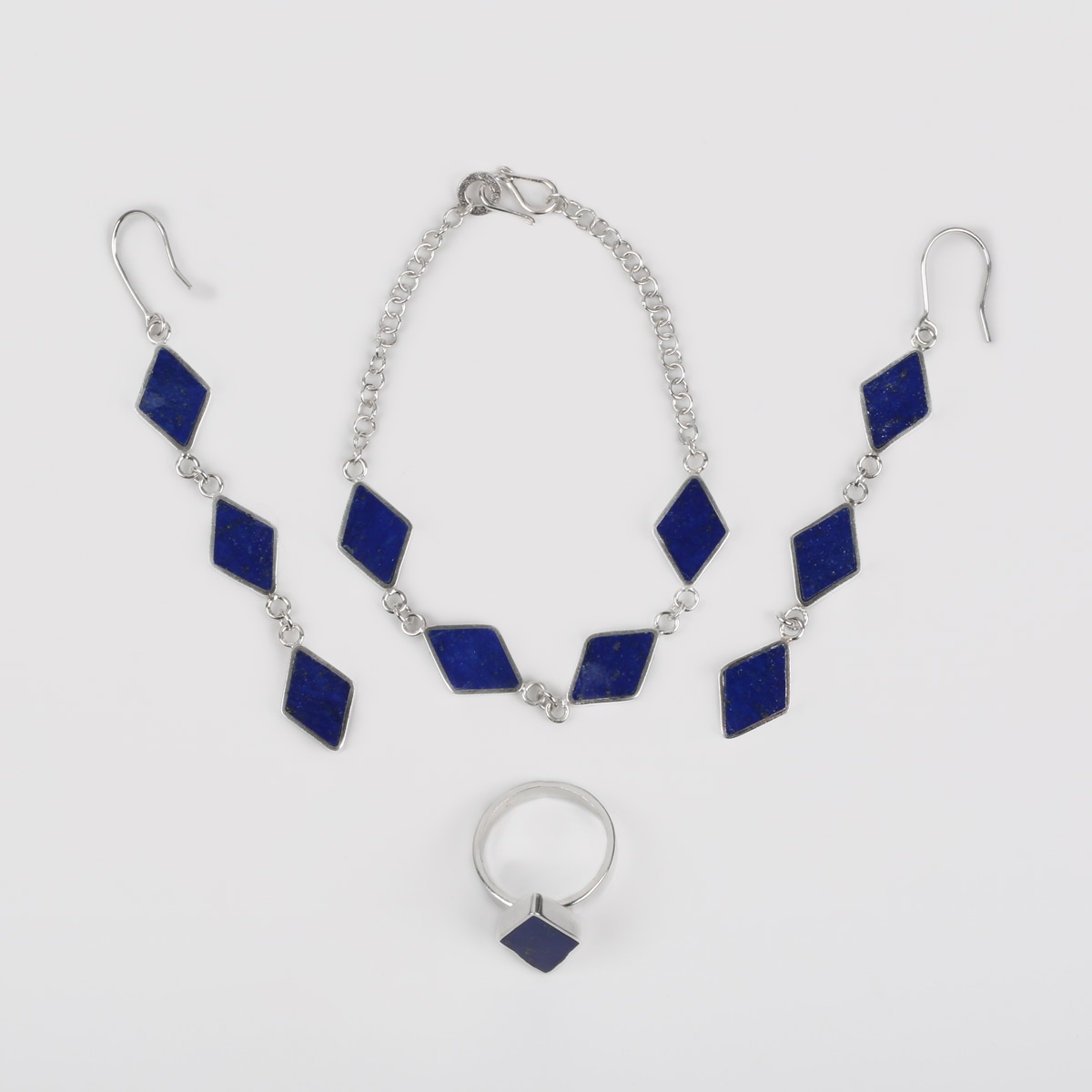 Lapis Hook Earrings, Ring, Bracelet | Silver Jewelry Set 