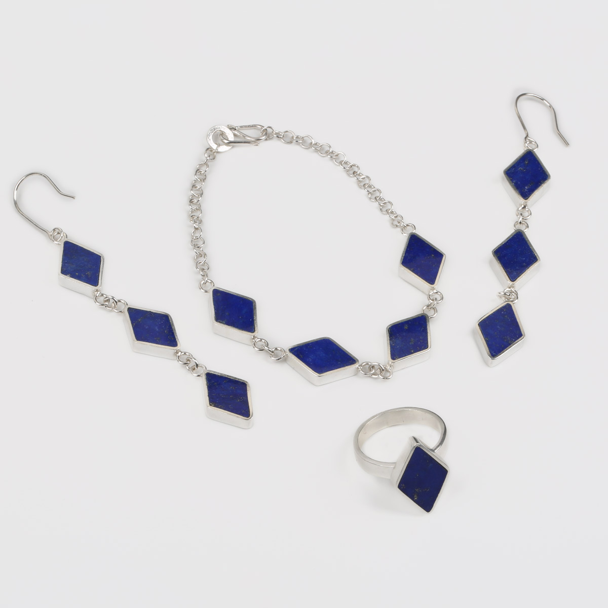 Lapis Hook Earrings, Ring, Bracelet | Silver Jewelry Set 