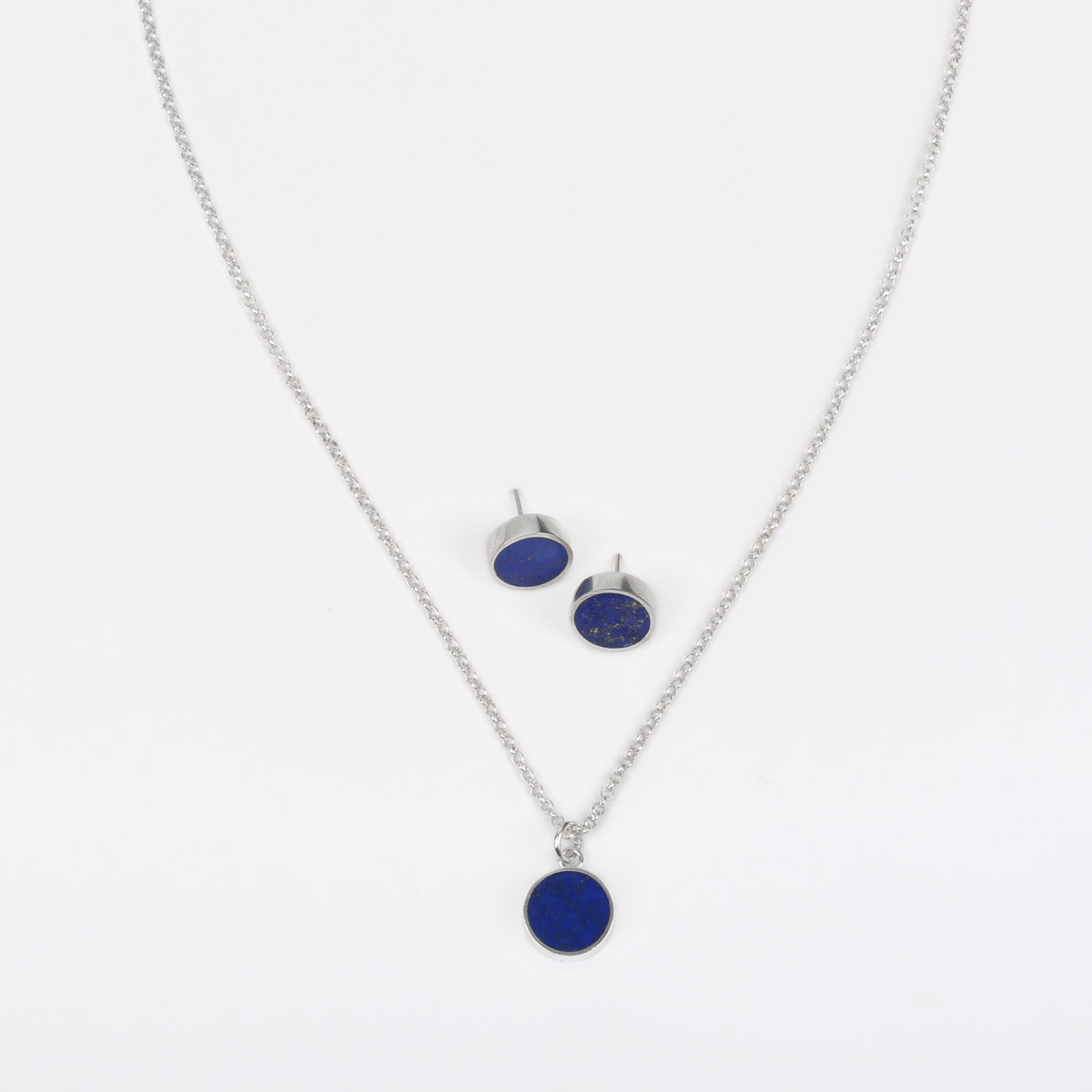Lapis Lazuli Jewelry Set | Flat Round Necklace & Studs